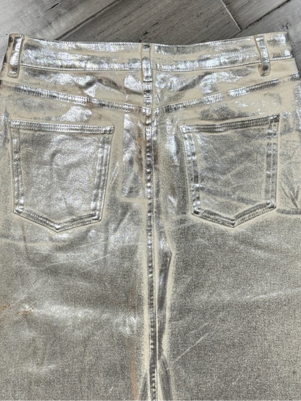 ELEVEN22 SILVER METTALIC COATED DENIM MAXI SKIRT HIGH SLIT Y2K FUTURISTIC GLAM - Picture 10 of 12